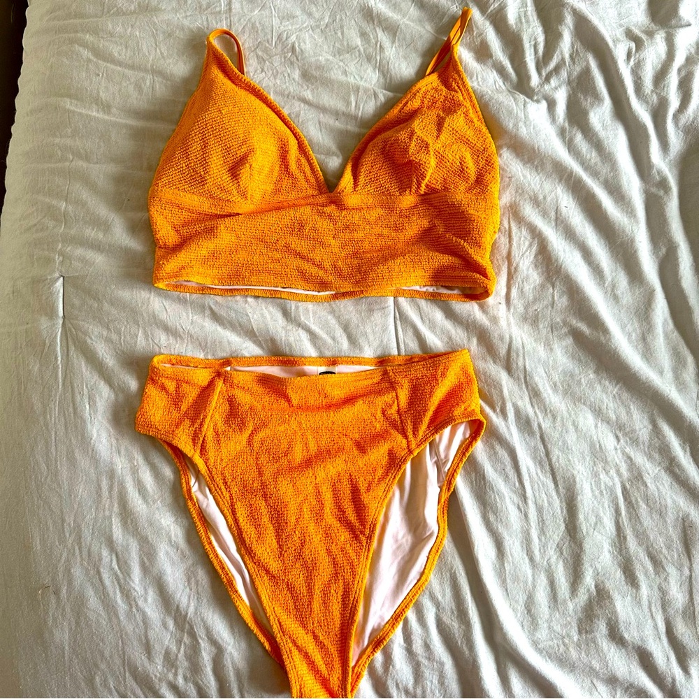 Old Navy Long Lined Ribbed Orange Bikini with High Cut Bottoms | XL